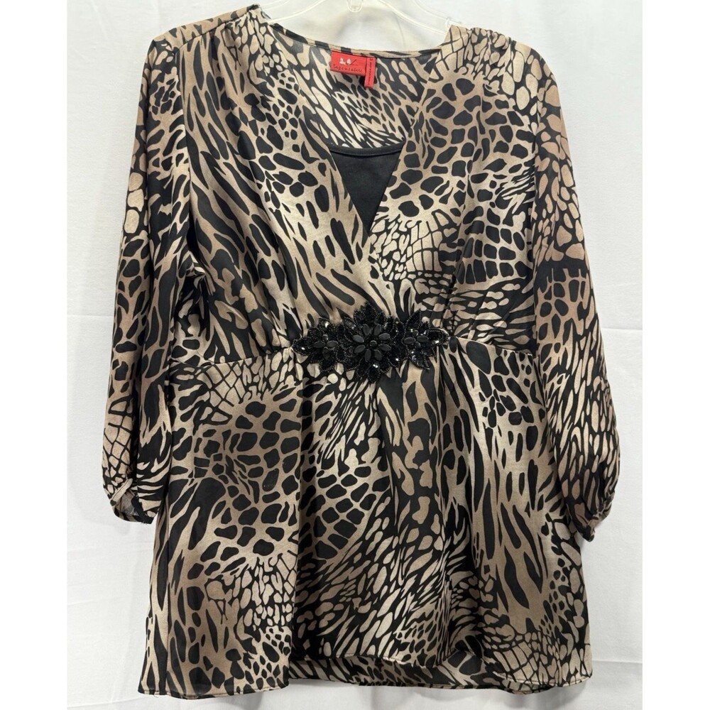 Tape Measure Brand Brown Black Print Chiffon Sequin Blouse Size Med